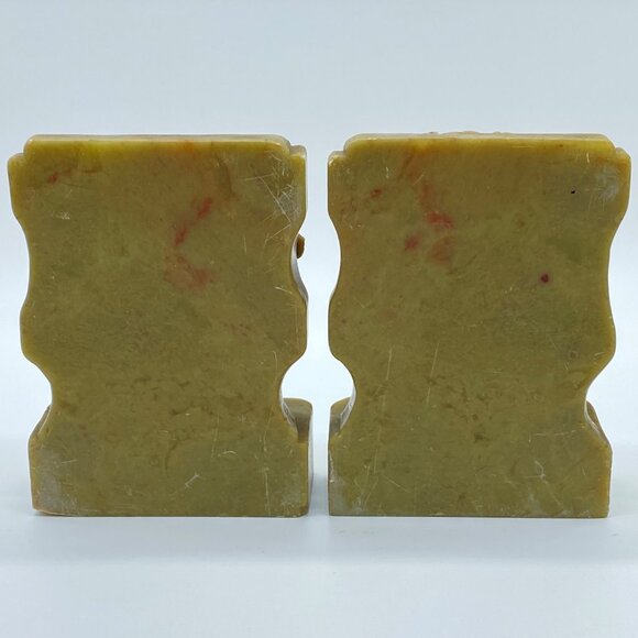 Vintage Pair of Hand-Carved Green Soapstone Bookends Phoenix Bird Lotus Flower - Picture 10 of 16